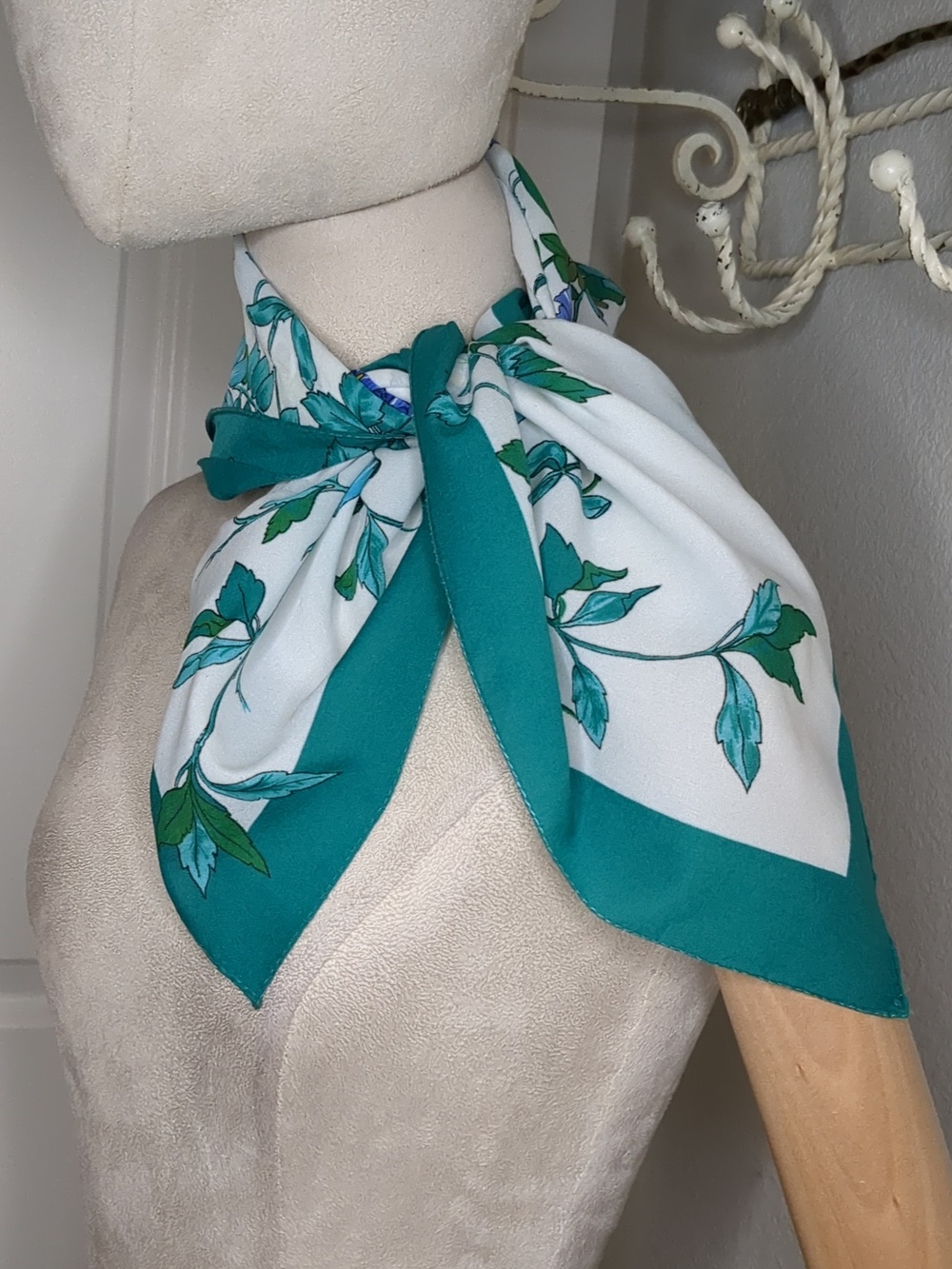 Vintage 60s Floral Scarf Italy Teal and White Garden Cottagecore Table Scarf